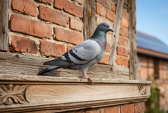 Brieftaube sitzt auf dem Sims eines alten Fachwerkhauses