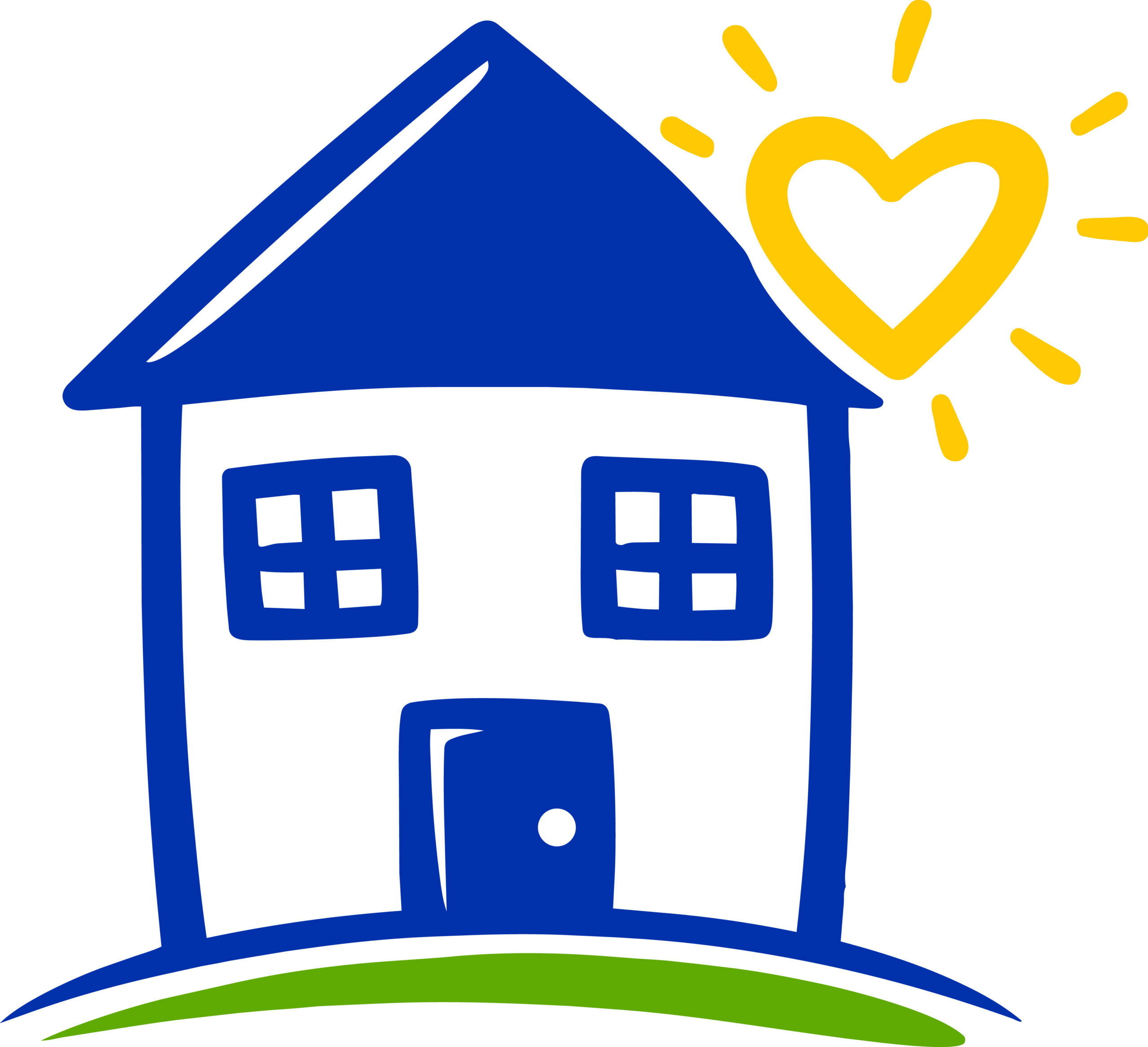 blaues Haus mit gelber Sonne in Herzform auf grüner Wiese