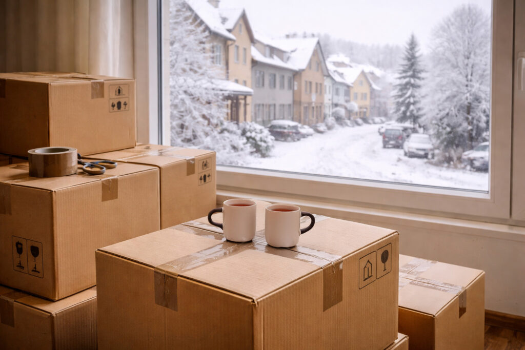 Umzugskistne mit 2 Tassen Tee