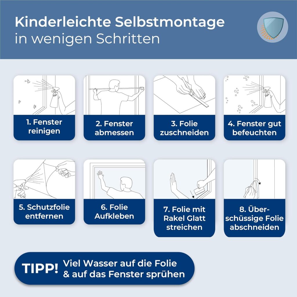 Montageanleitung Außenfolie UV Schutzfolie Fenstern Selbstmontage, Quelle Hersteller AMazon