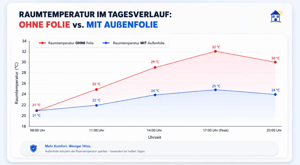 Grafik Termperaturverlauf am Tag - Unterschied mit und ohne Fensterschutzfolie